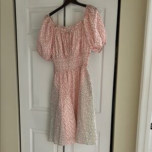 Roolee Pink and Cream Smocked Off-Shoulder Midi Dress